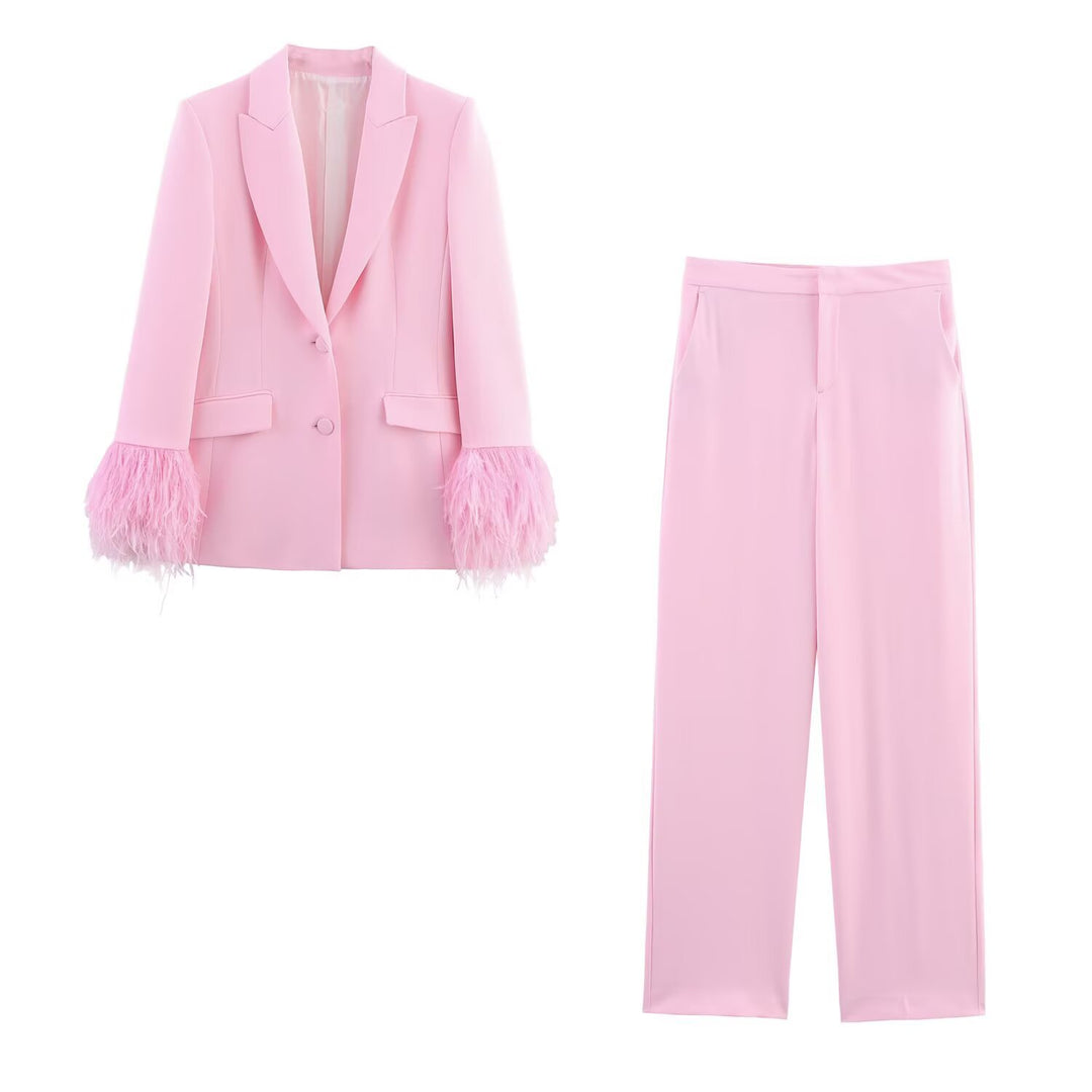 Women Two-Piece Pants Suit with Feather Trim on Sleeve Edges Mune Fashion