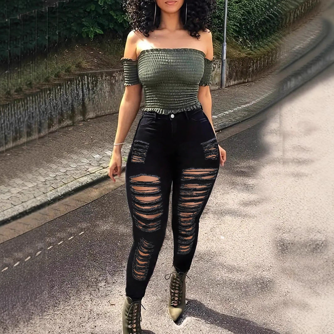 Women's High-Waisted Superstretch Jeans with Frayed Cutouts and Sculpting Waistband Mune Fashion