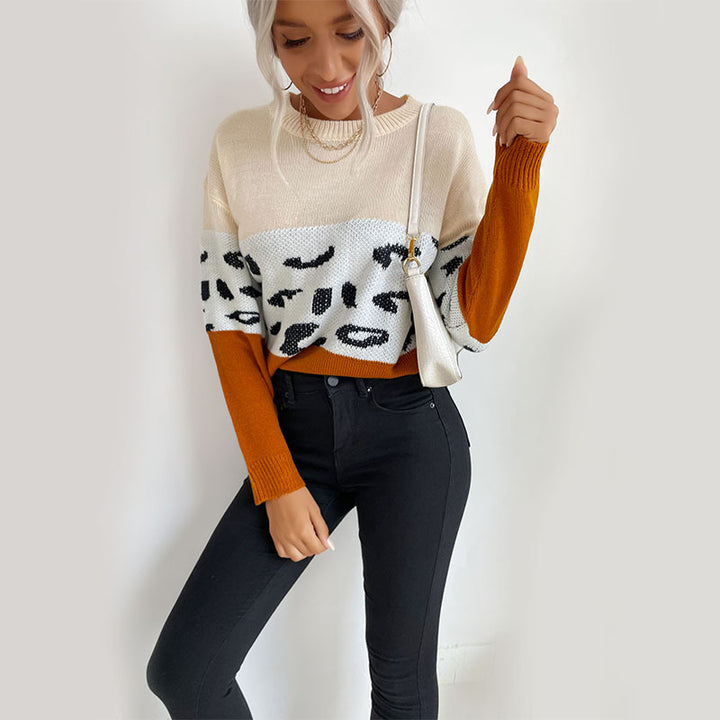 Women's Colorblock Knit Sweater with Leopard Pattern, Round Neck and Casual Fit Mune Fashion