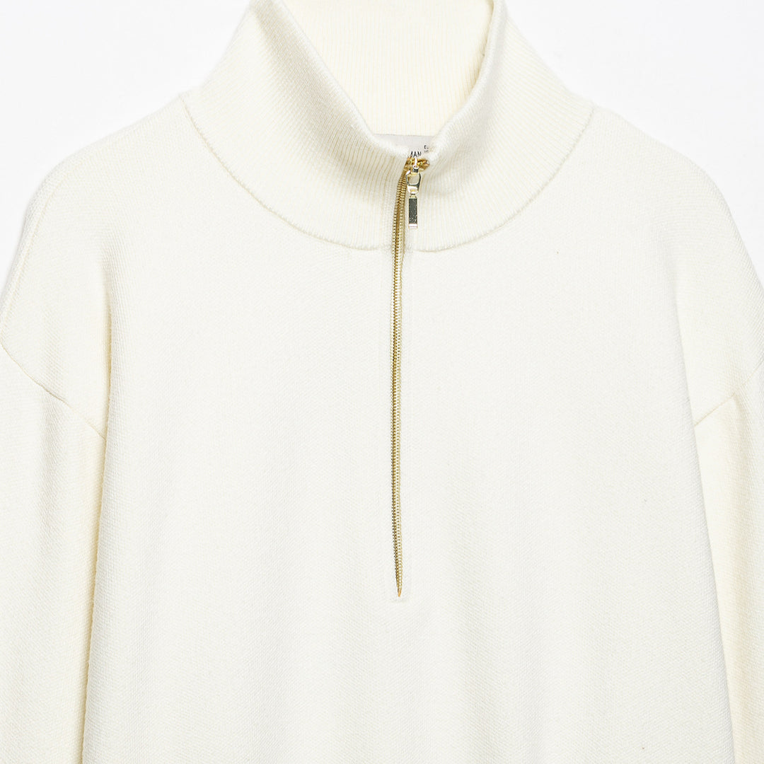 Women's Cropped Oversized Knit Sweater with Half Metal Zipper and Funnel Neck Mune Fashion