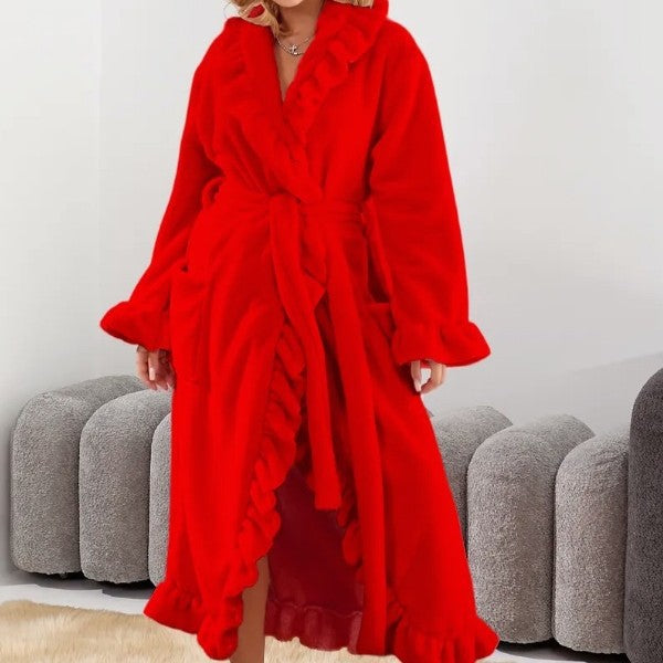 Women's luxurious dressing gown with ruffled collar, extra-long cut and tie belt Mune Fashion