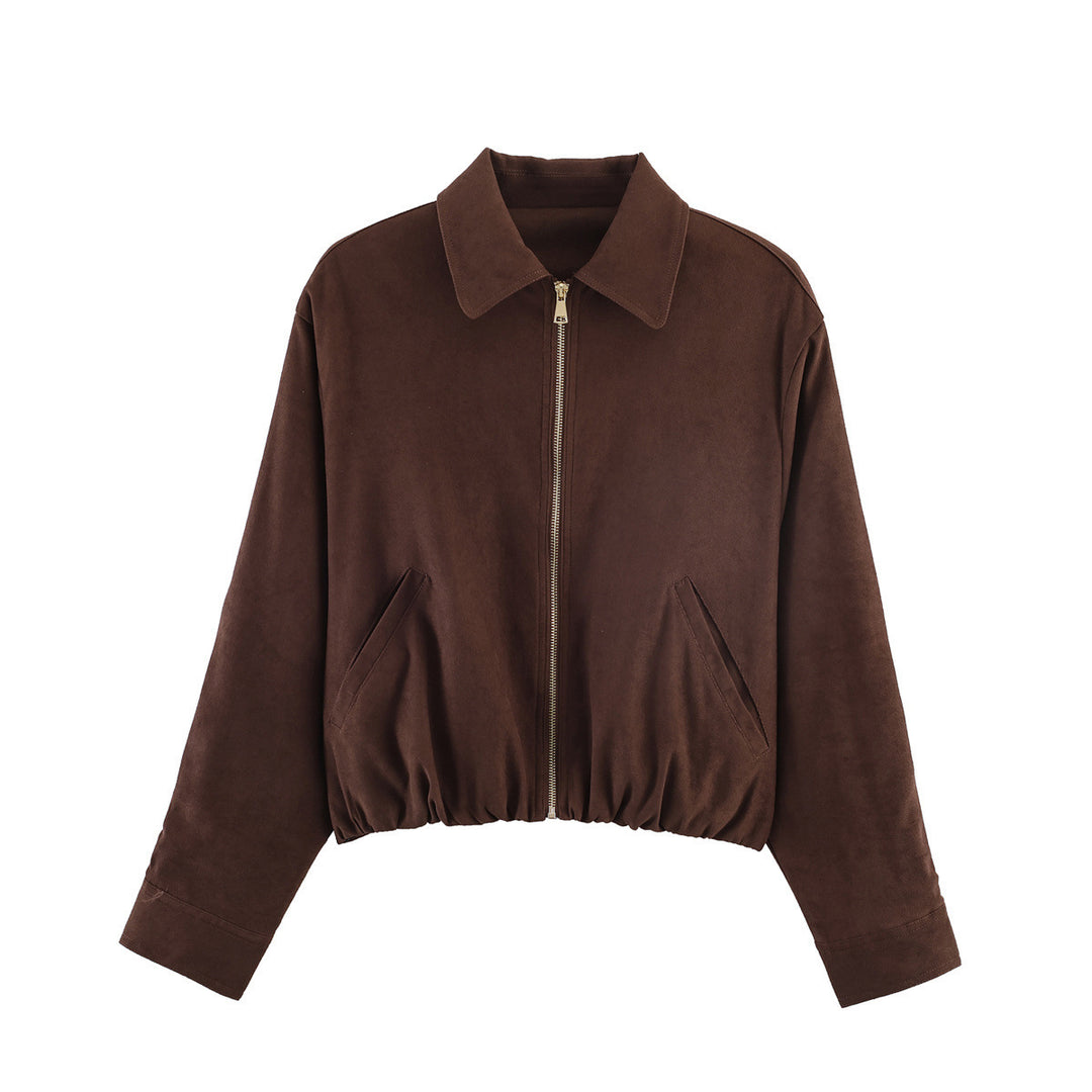 Women’s short-cut suede look bomber jacket with zipper, elastic hem and diagonal side pockets Mune Fashion