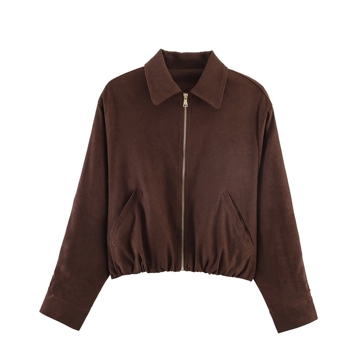 Women’s short-cut suede look bomber jacket with zipper, elastic hem and diagonal side pockets Mune Fashion