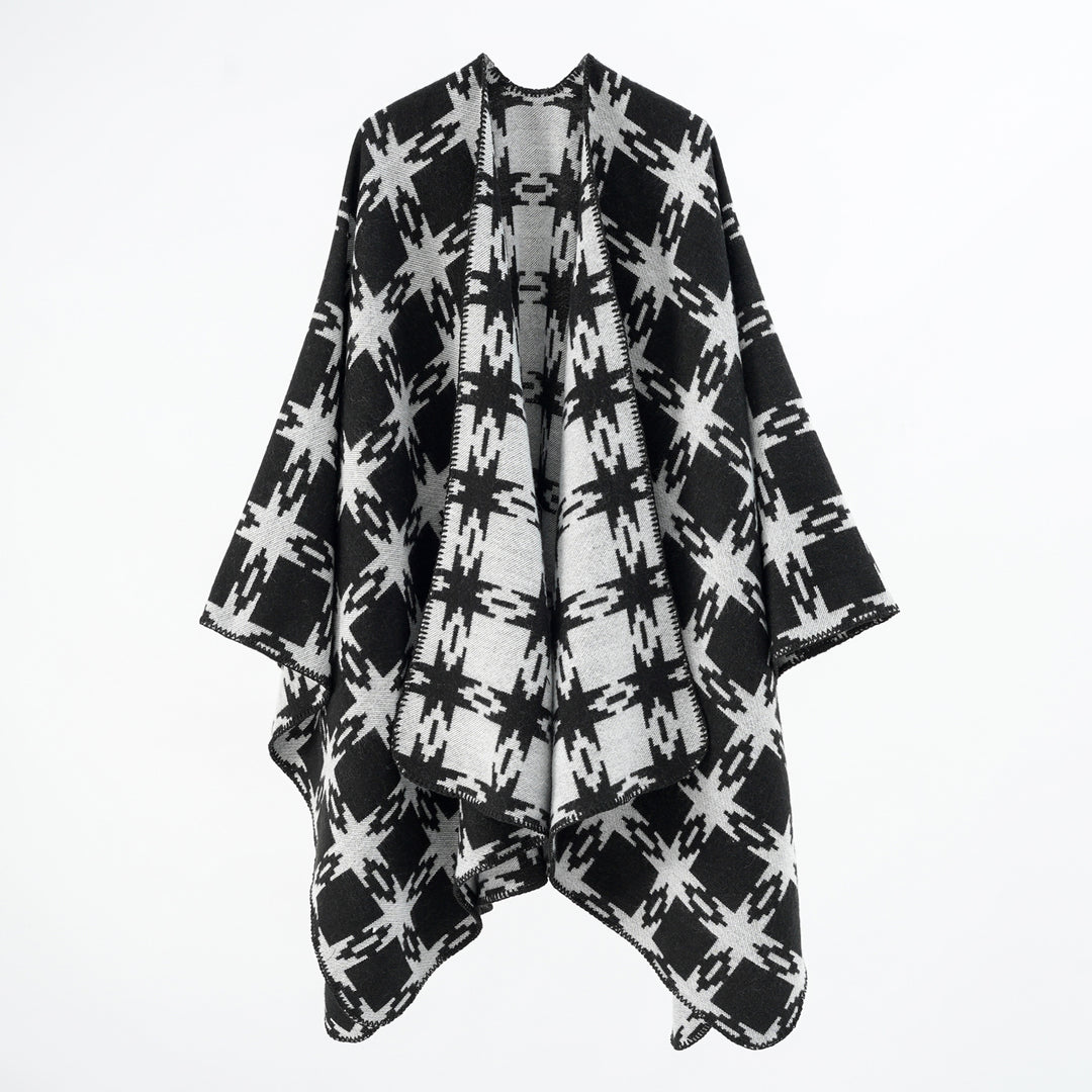 Women's Oversized Jacquard Cape with Star Motif and Contrasting Overlock Edge Mune Fashion