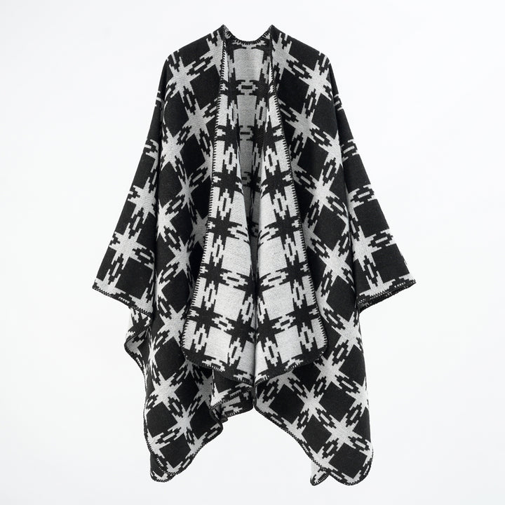 Women's Oversized Jacquard Cape with Star Motif and Contrasting Overlock Edge Mune Fashion