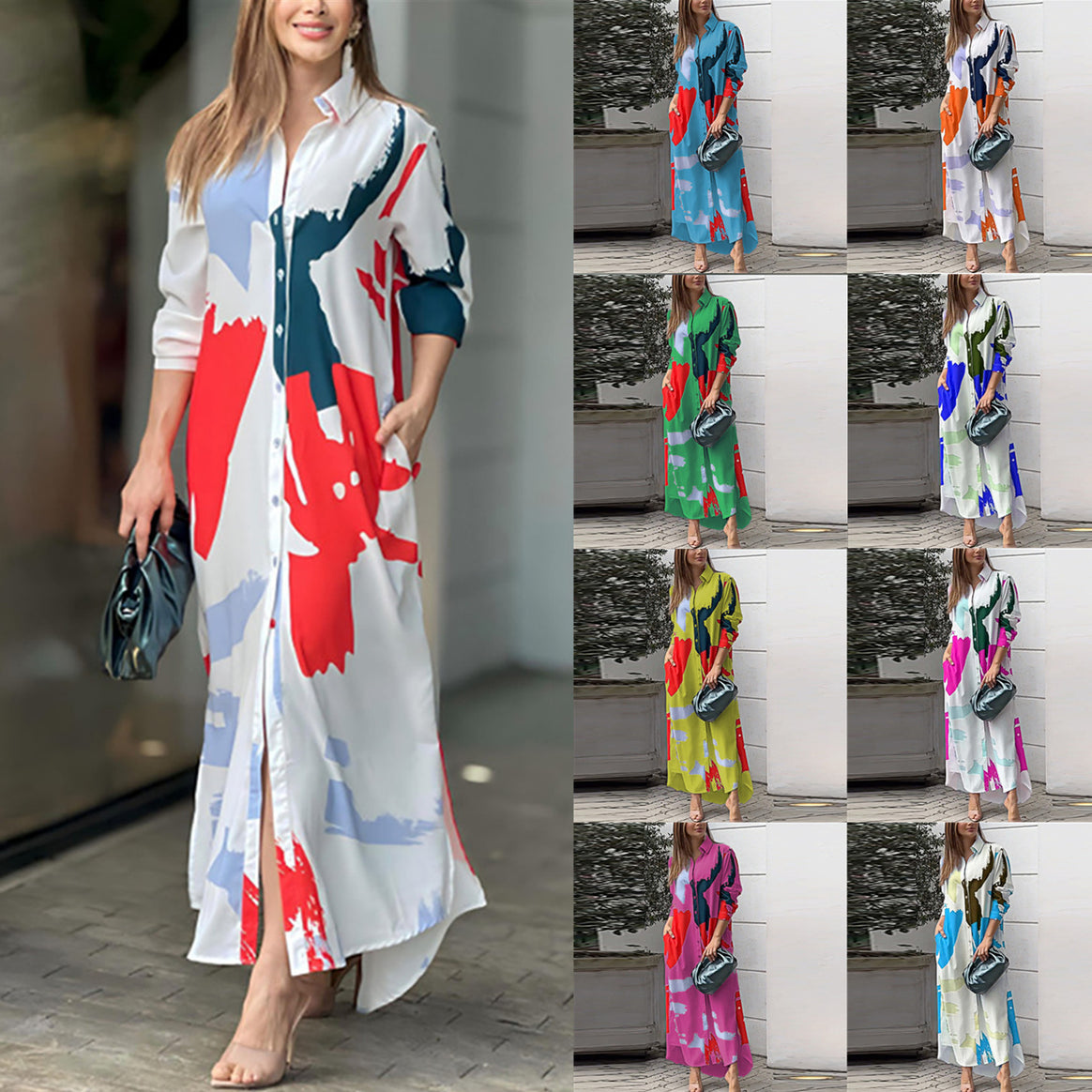 Women's Long Shirt Dress with Abstract Brush Print and Side Pockets Mune Fashion