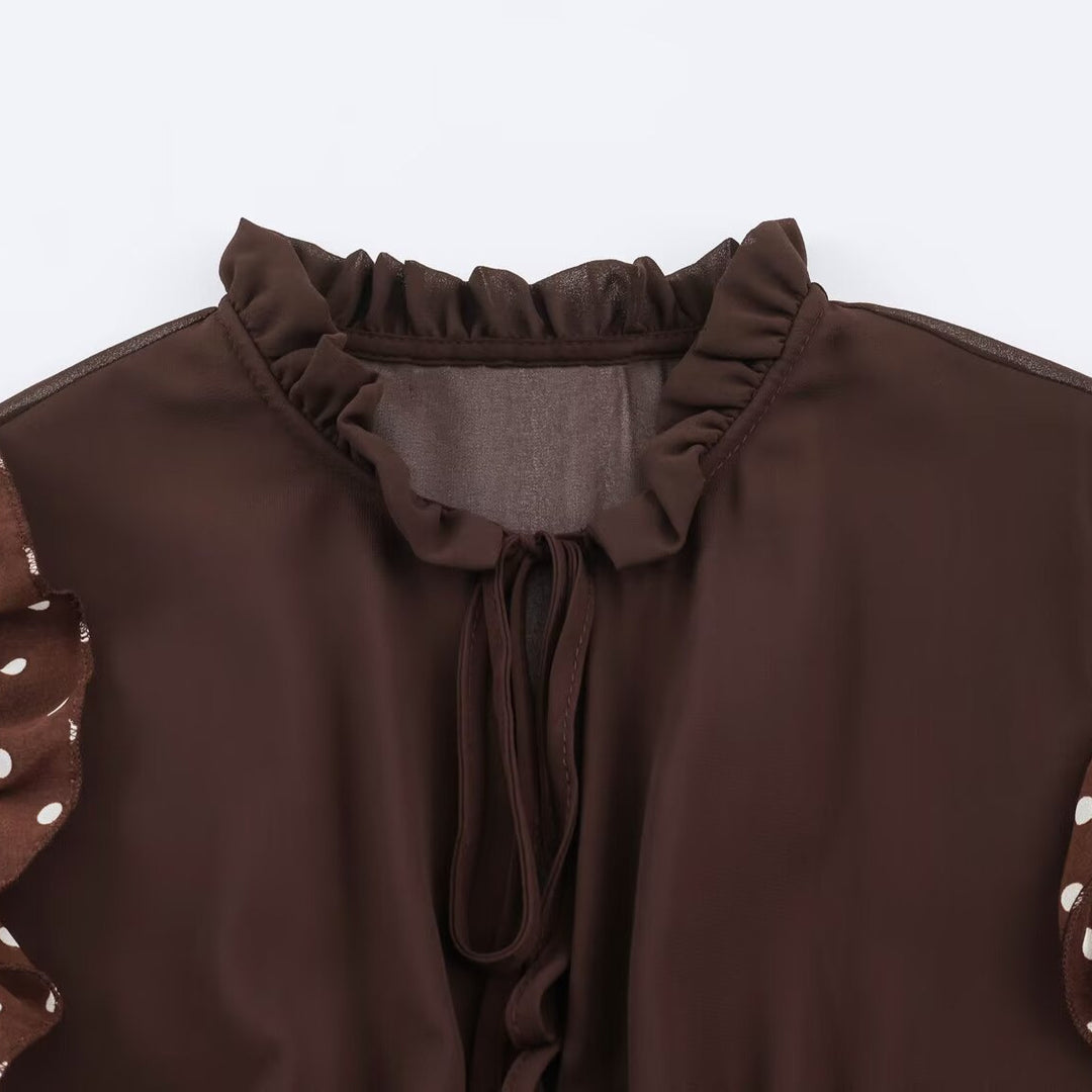 Ladies playful midi tiered dress with ruffle collar, tie belt and flounce layers Mune Fashion