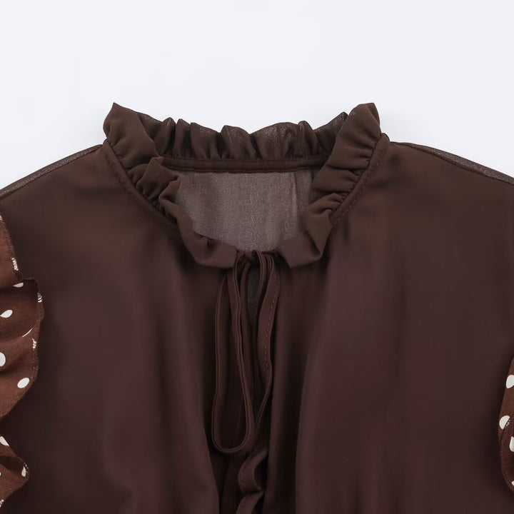 Ladies playful midi tiered dress with ruffle collar, tie belt and flounce layers Mune Fashion