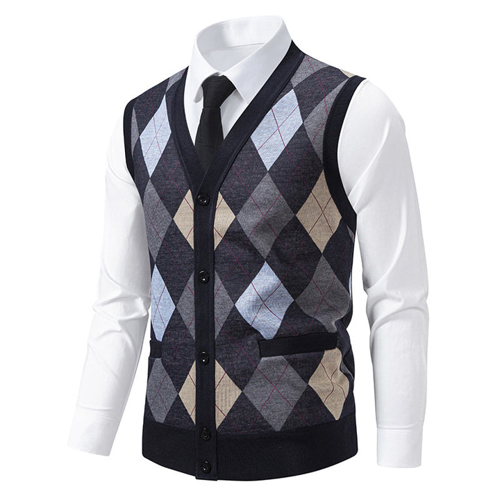 Men's fine-knit vest with V-neck, button placket and diamond pattern Mune Fashion