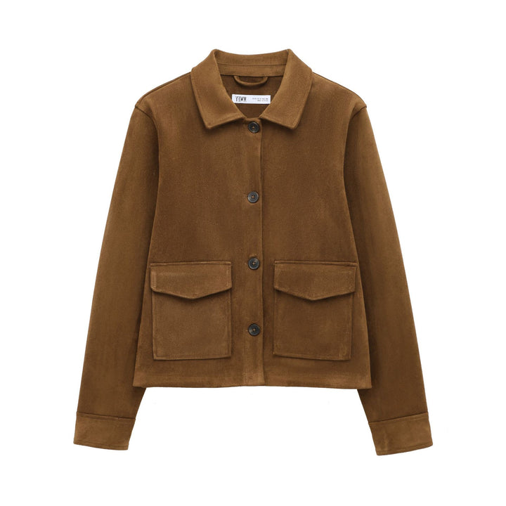 Ladies Short Suede Look Jacket with Flap Pockets Mune Fashion
