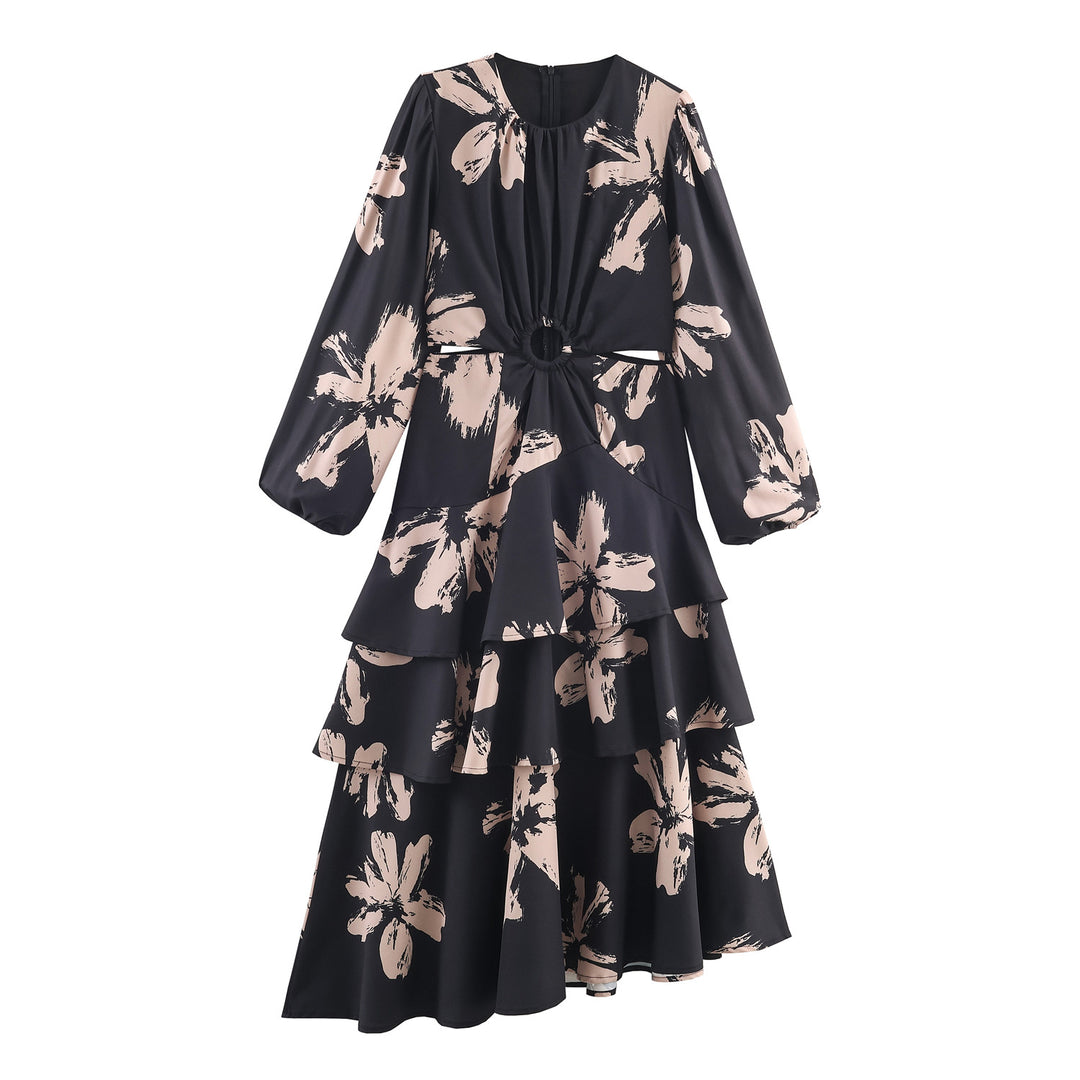 Ladies' midi dress with floral all-over pattern, waist cut-out and layered ruffles Mune Fashion