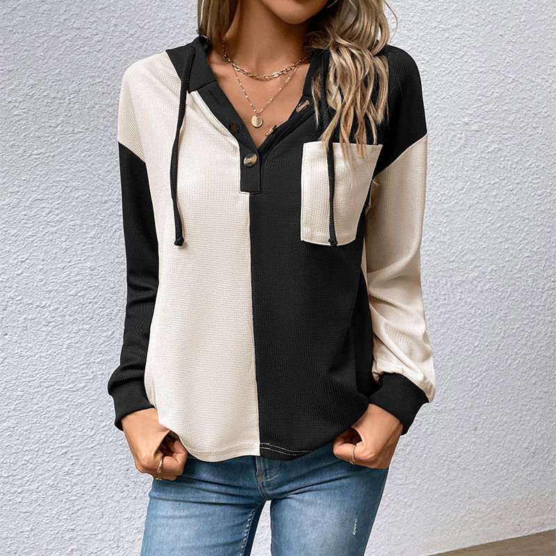 Women's Casual Hoodie Top with Button Placket and Color Block Design Mune Fashion