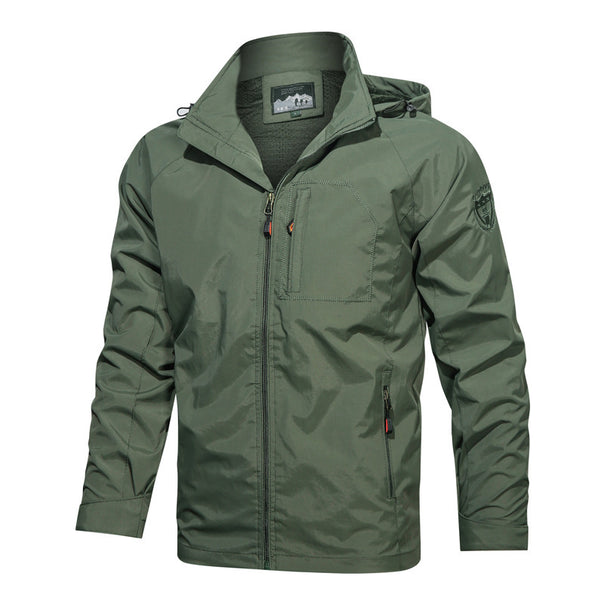 Men's lightweight technical transition jacket with hood, chest organizer pocket, and concealed zippers Mune Fashion