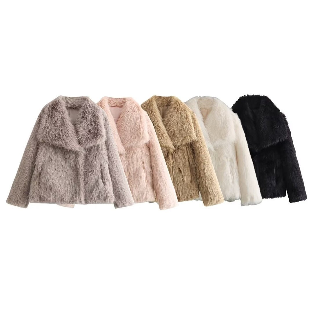 Ladies Short Boxy Faux Fur Jacket with Wide Shawl Collar and Long Fiber Faux Fur Mune Fashion