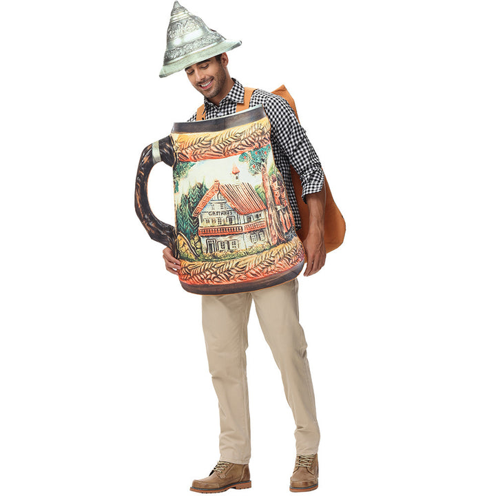 Men's humorous beer mug costume with removable lid and adjustable carrying straps Mune Fashion