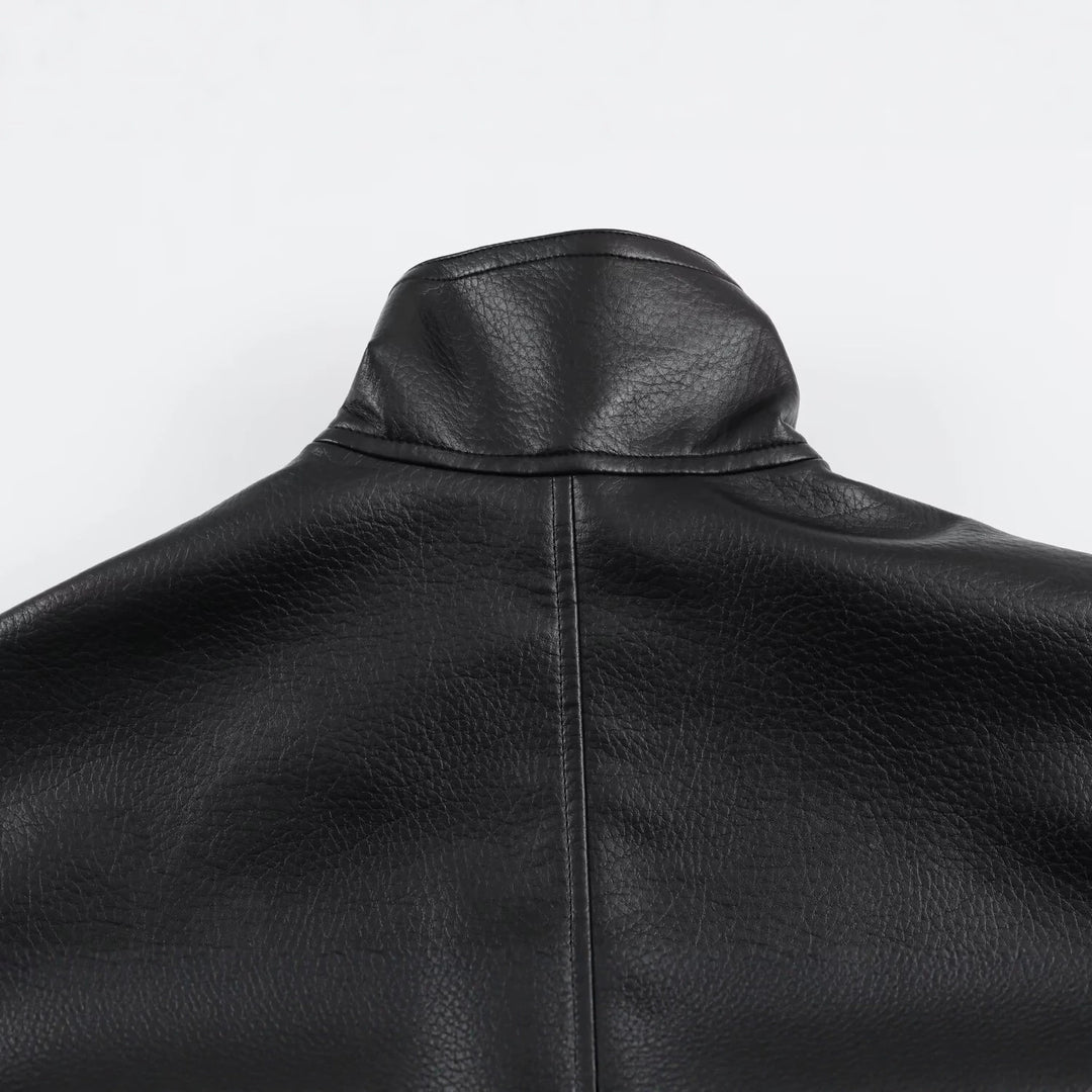 Women's Oversized Faux Leather Jacket with High Funnel Collar and Patch Pockets Mune Fashion
