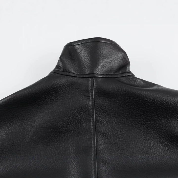 Women's Oversized Faux Leather Jacket with High Funnel Collar and Patch Pockets Mune Fashion
