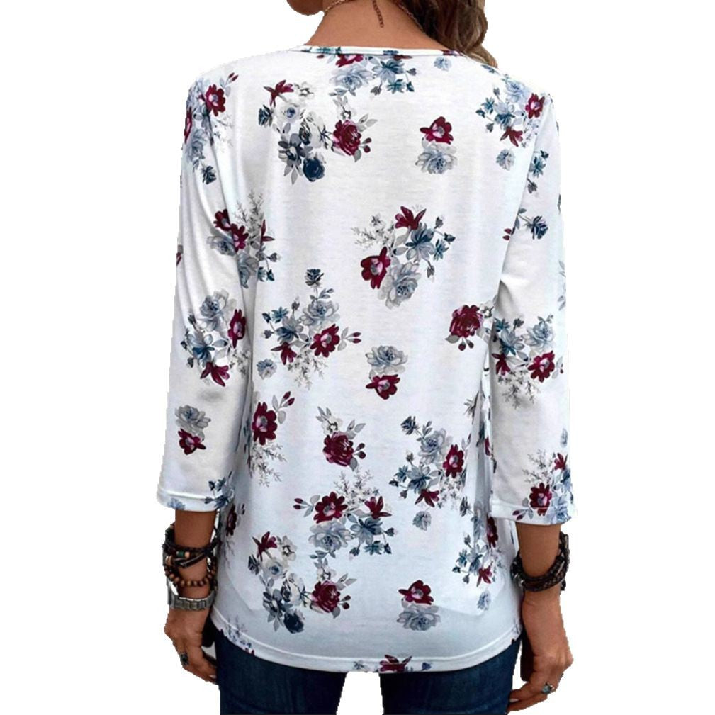 Women's floral tunic blouse with pleats and decorative button placket Mune Fashion