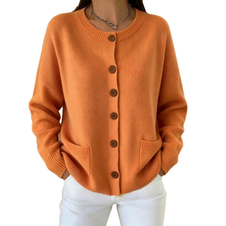 Women Button Cardigan with Round Neck, Patch Pockets and Raglan Sleeves Mune Fashion