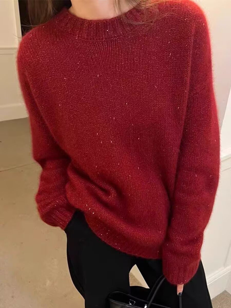 Women Cozy Oversized Sweater in Mohair Look with Round Neck and Subtle Glitter Effect Mune Fashion