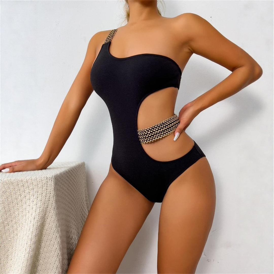 Women One-Piece Swimsuit with Asymmetric Cut-Out and Fashionable Chain Accents Mune Fashion