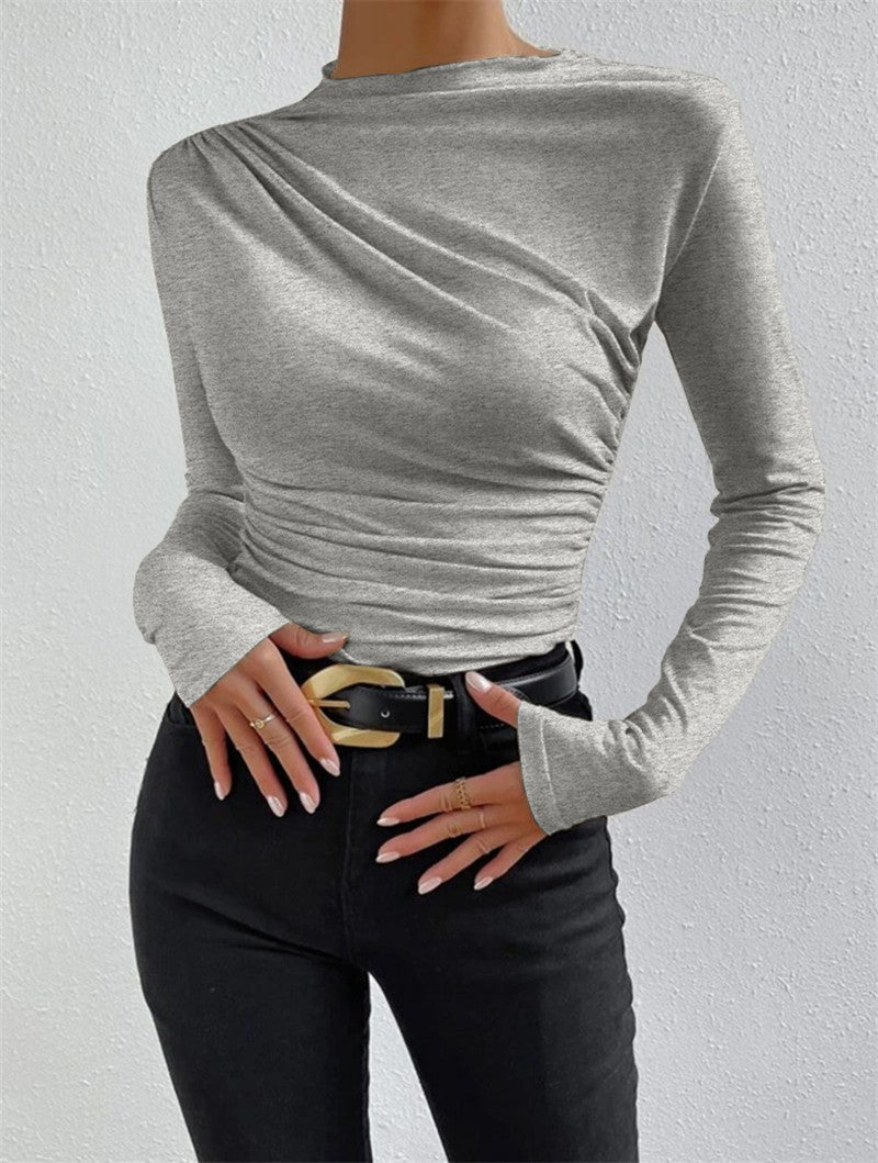Women's fitted long-sleeve shirt with asymmetrical gathering at the front and boat neck Mune Fashion