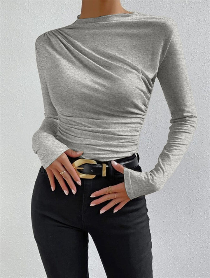 Women's fitted long-sleeve shirt with asymmetrical gathering at the front and boat neck Mune Fashion