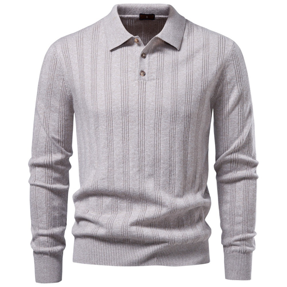 Men's Long Sleeve Fine Knit Polo Shirt with Textured Stripes and Ribbed Hem Mune Fashion