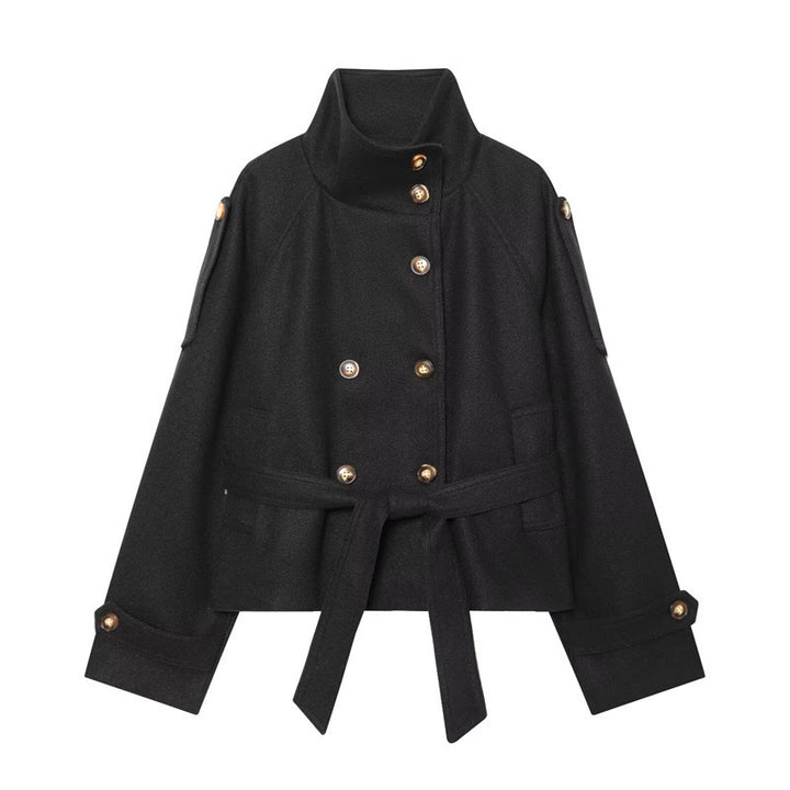 Women's short jacket in boxy cut with high standing collar, waist belt and decorative button placket Mune Fashion