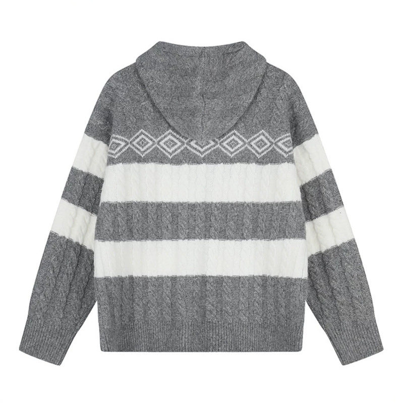 Women's chunky knit hooded cardigan with cable knit, block stripes, and full-length zipper Mune Fashion