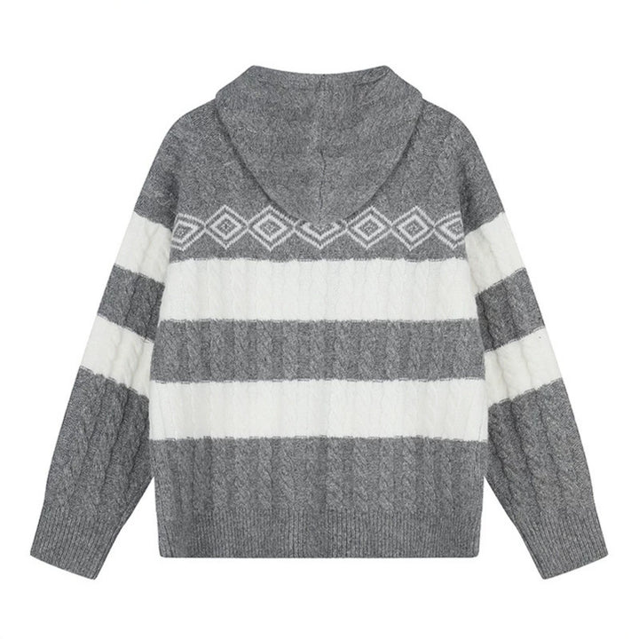Women's chunky knit hooded cardigan with cable knit, block stripes, and full-length zipper Mune Fashion