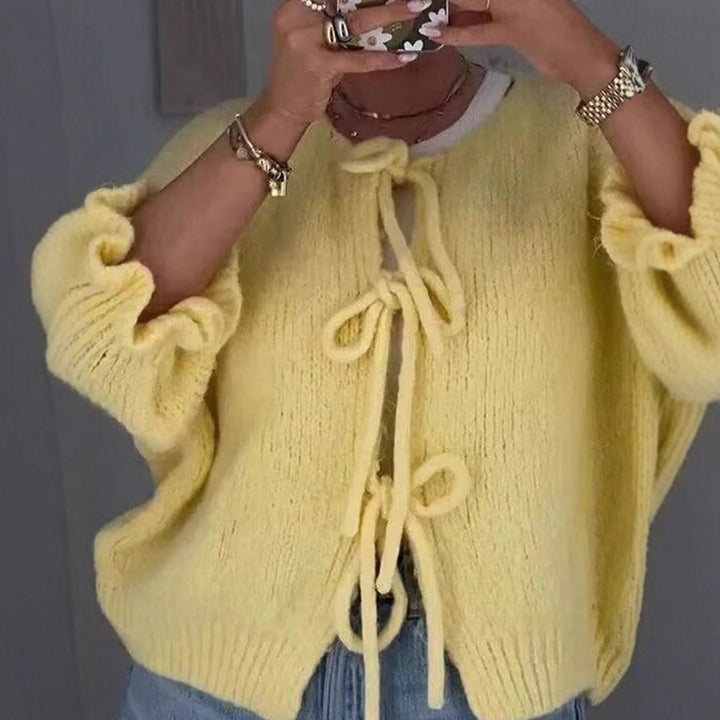 Women's Cozy Short Knit Cardigan with Tie Details, Ruffle Sleeves, and Loose Oversized Cut Mune Fashion