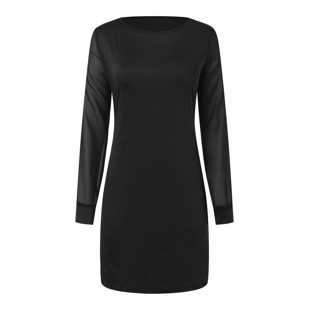 Women's elegant sheath dress with transparent chiffon sleeves, round neckline, and tailored silhouette Mune Fashion