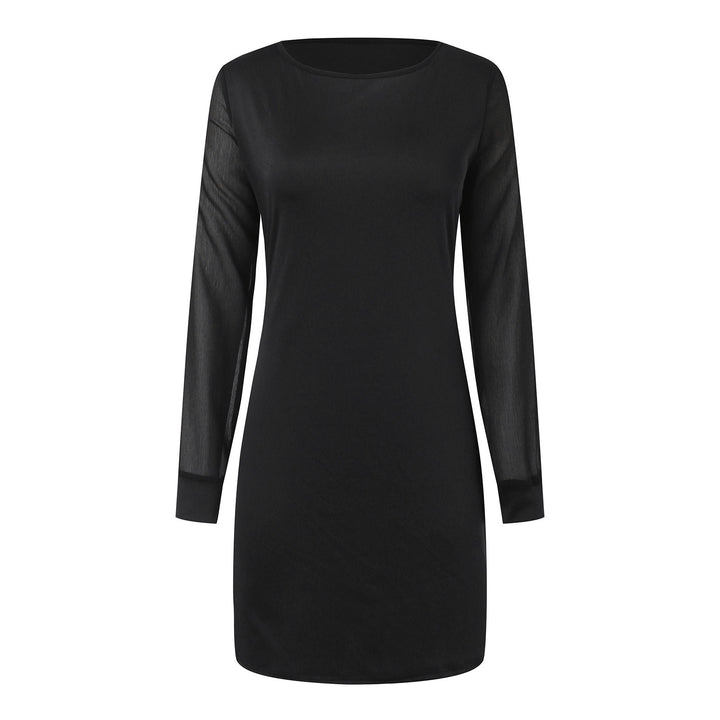 Women's elegant sheath dress with transparent chiffon sleeves, round neckline, and tailored silhouette Mune Fashion