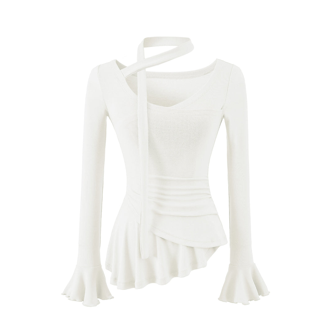 Women's asymmetrical fitted long sleeve top with wrap scarf, flared bell sleeves, and tiered peplum Mune Fashion