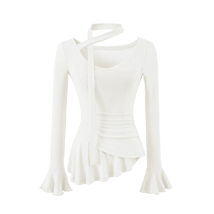 Women's asymmetrical fitted long sleeve top with wrap scarf, flared bell sleeves, and tiered peplum Mune Fashion