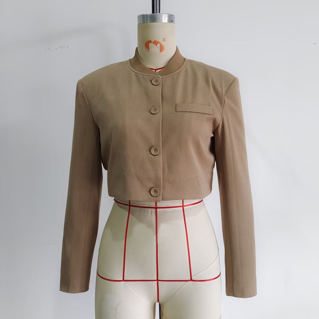 Women's short-cut pinstripe bolero jacket with rounded stand collar and decorative buttons Mune Fashion