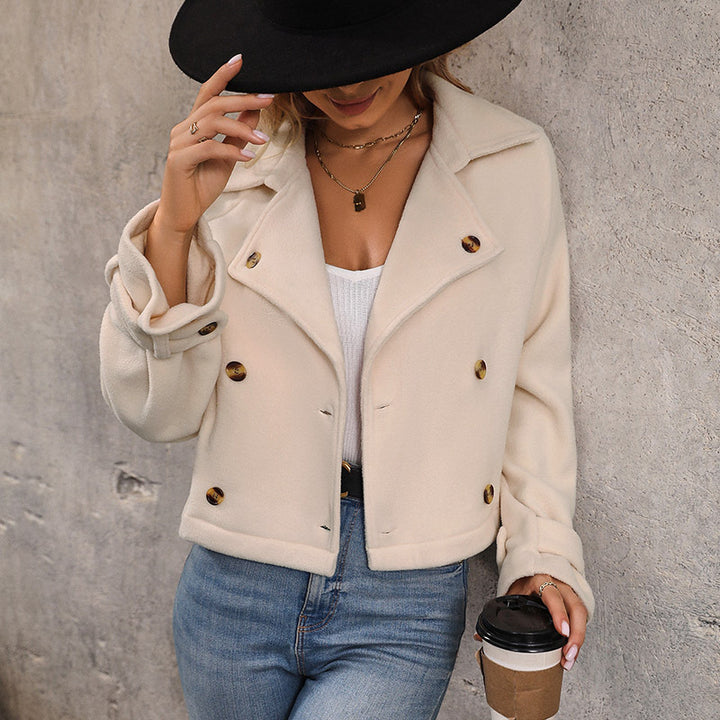 Women's Short Cut Double-Breasted Fleece Jacket with Notched Collar Mune Fashion
