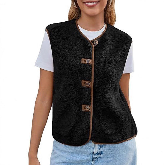 Women's Teddy Fleece Vest with Round Neckline and Button Closure Mune Fashion