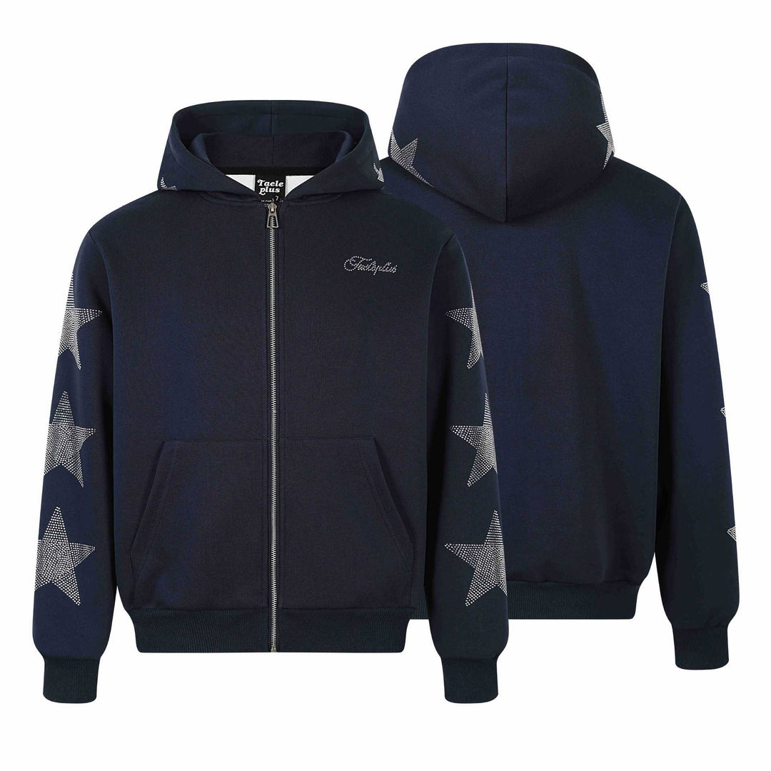 Women's hooded jacket with rhinestone star appliqués and full-length zipper Mune Fashion