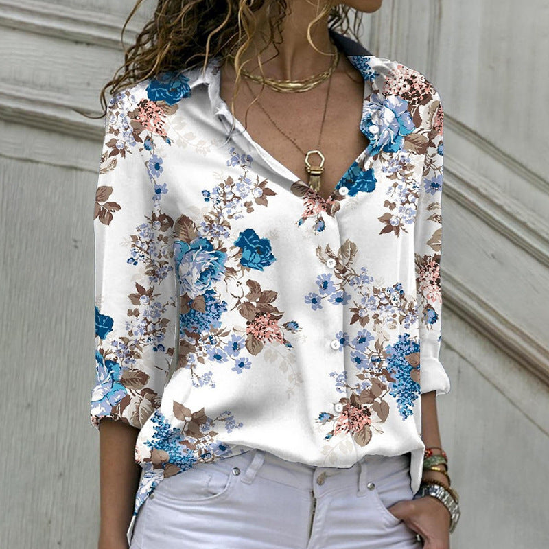 Women's loose shirt blouse with floral print and rolled sleeves Mune Fashion
