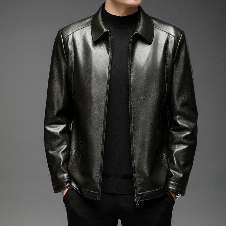 Men's Smooth Faux Leather Zip Jacket in Shirt Collar Style with Minimalist Seam Design Mune Fashion
