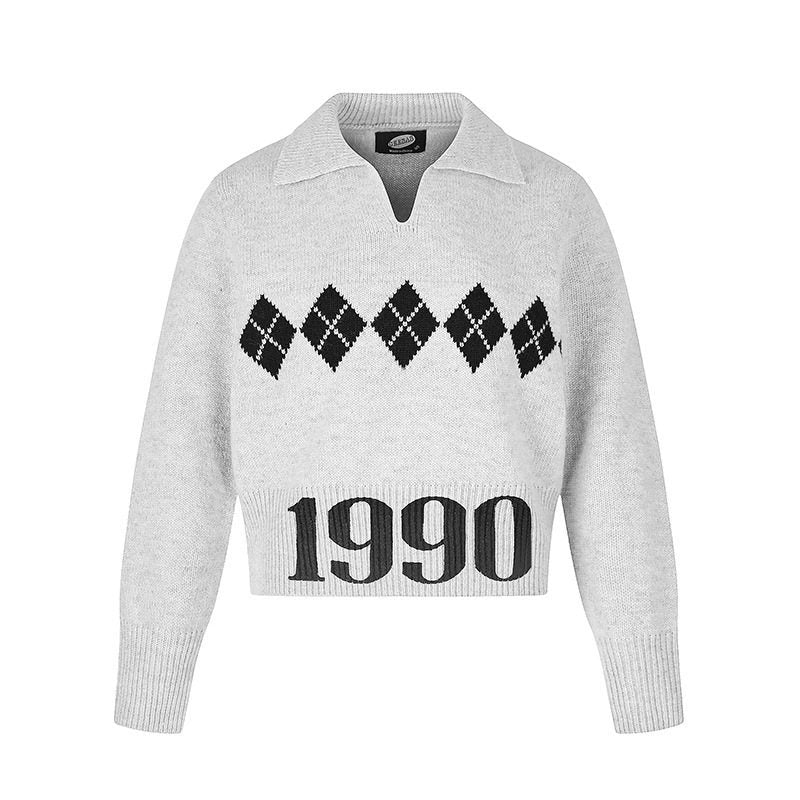 Women’s Cropped Knit Sweater with Polo Collar, Ribbed Hem and Argyle Pattern Mune Fashion