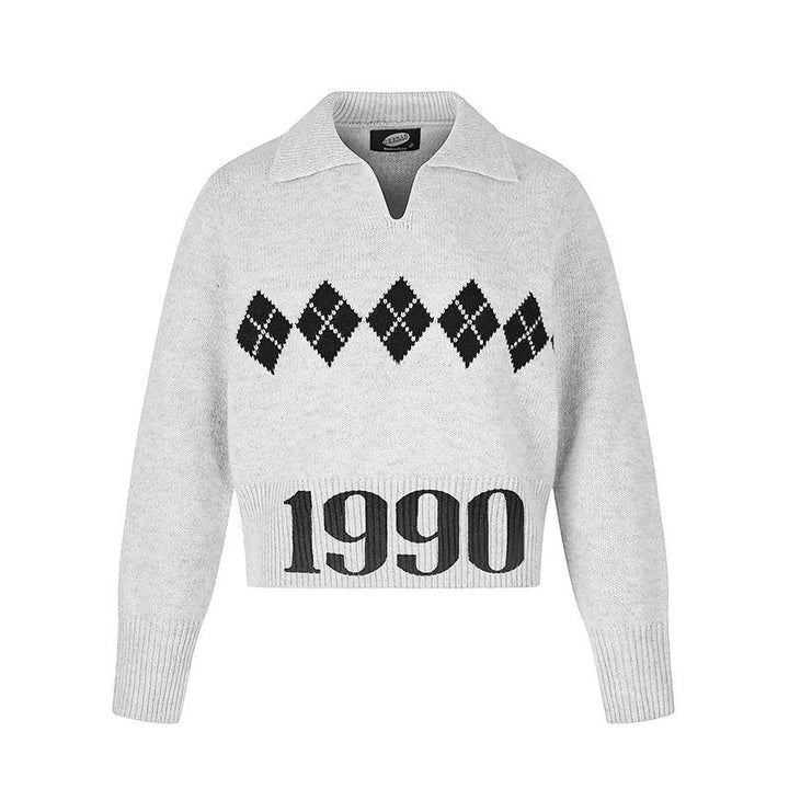 Women’s Cropped Knit Sweater with Polo Collar, Ribbed Hem and Argyle Pattern Mune Fashion