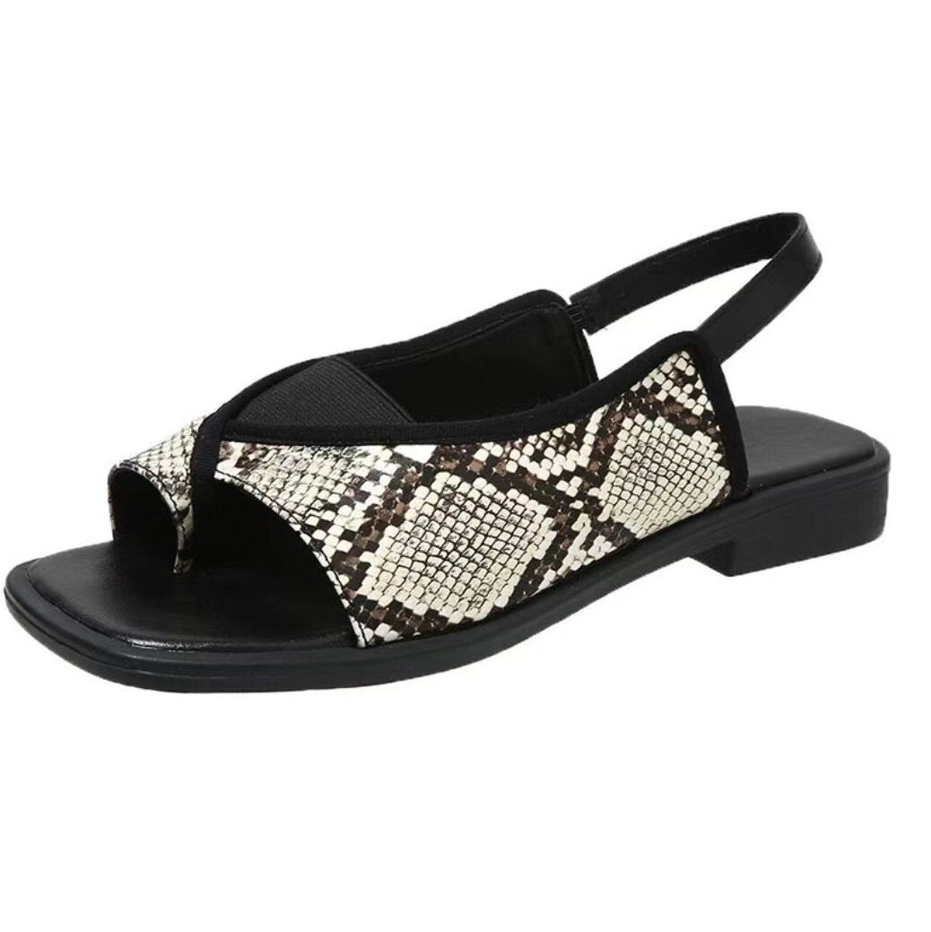 Women's toe ring sandal with snake embossing, elastic middle foot strap and padded comfort insole Mune Fashion