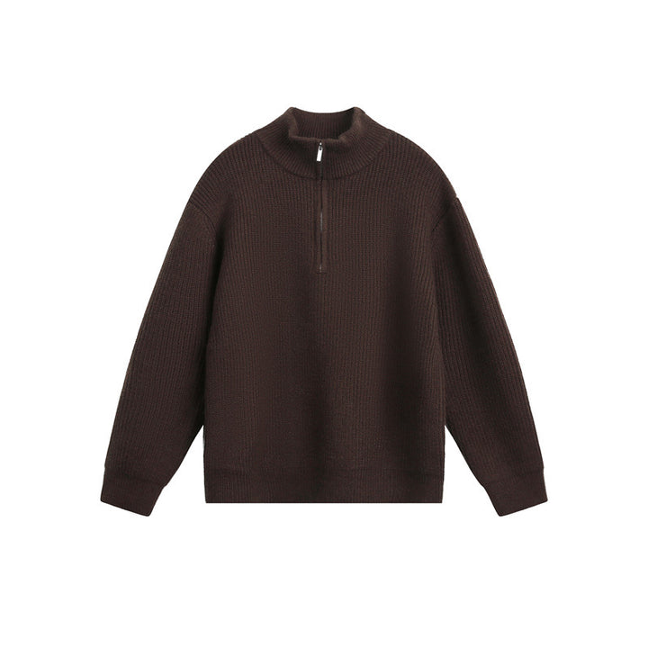 Unisex chunky knit pullover with half zipper and stand-up collar Mune Fashion