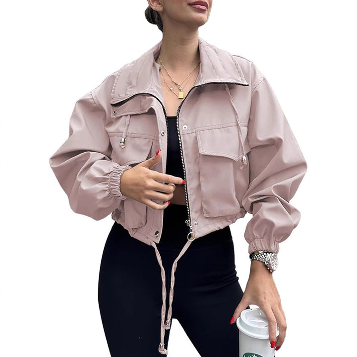 Women's Short Utility Bomber Jacket with Drawstring and Oversized Sleeves Mune Fashion