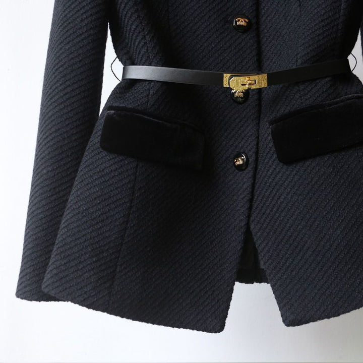 Ladies Elegant Boucle Blazer Jacket with Velvet Trim and Waist Belt Mune Fashion