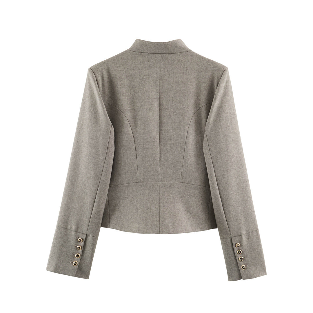 Ladies short blazer with decorative double-button placket and stand collar Drune