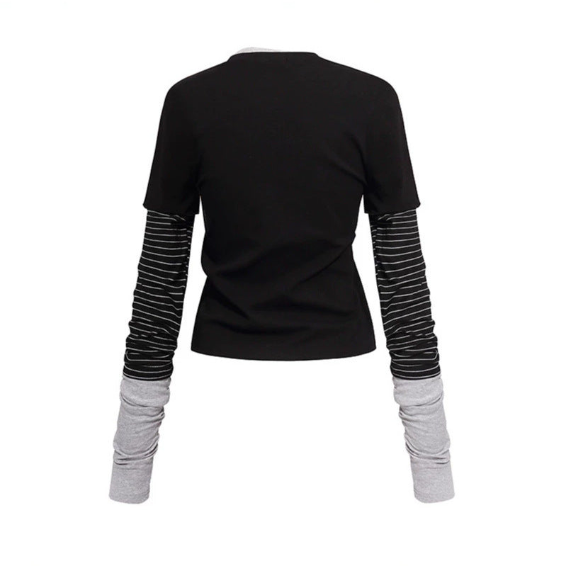 Women's Layered Look Long Sleeve Shirt with Striped Insert Sleeves and Badge Mune Fashion